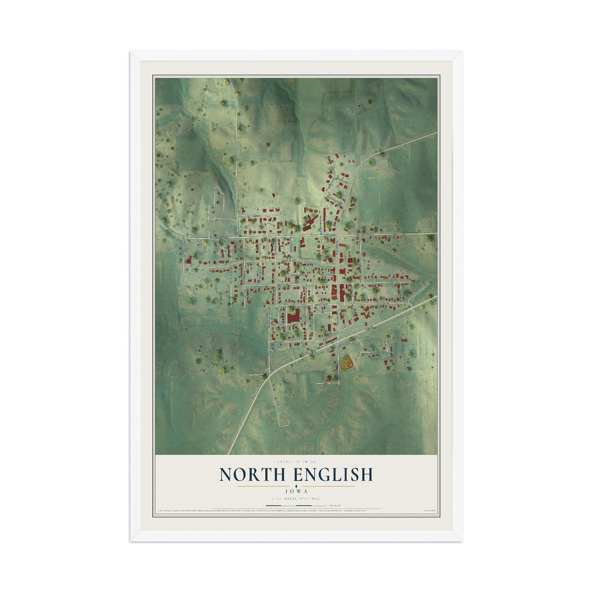 Map of North English, Iowa, 12 x 18 inch print in a white wood frame