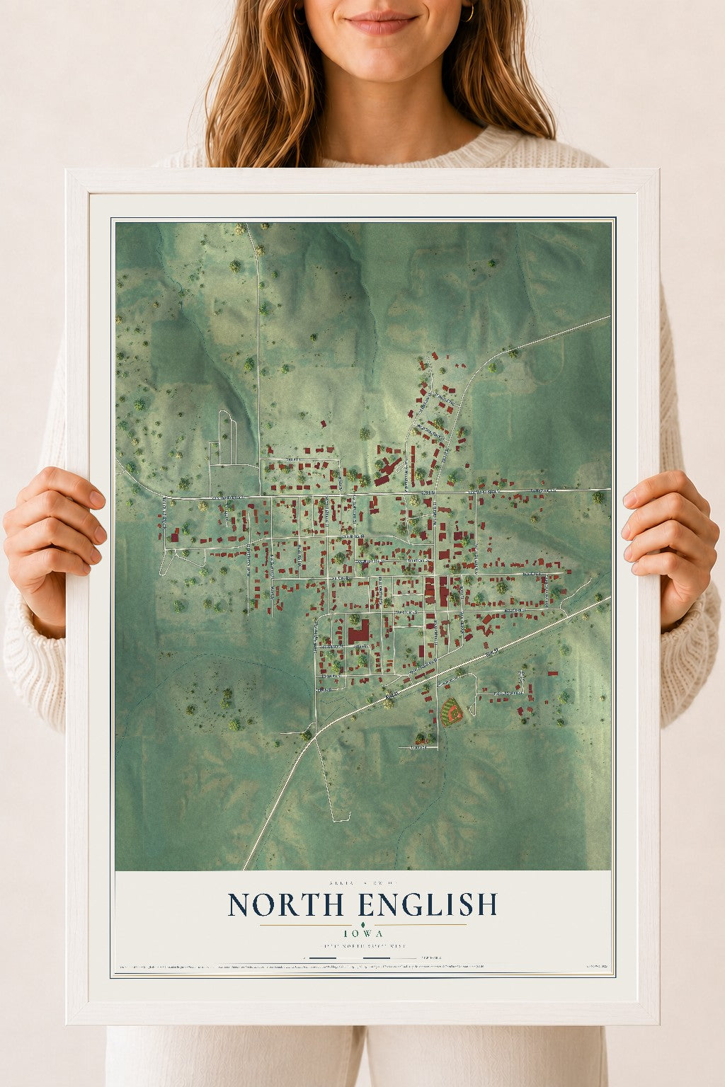 Map of North English, Iowa, 18 x 24 inch print in a white wood frame