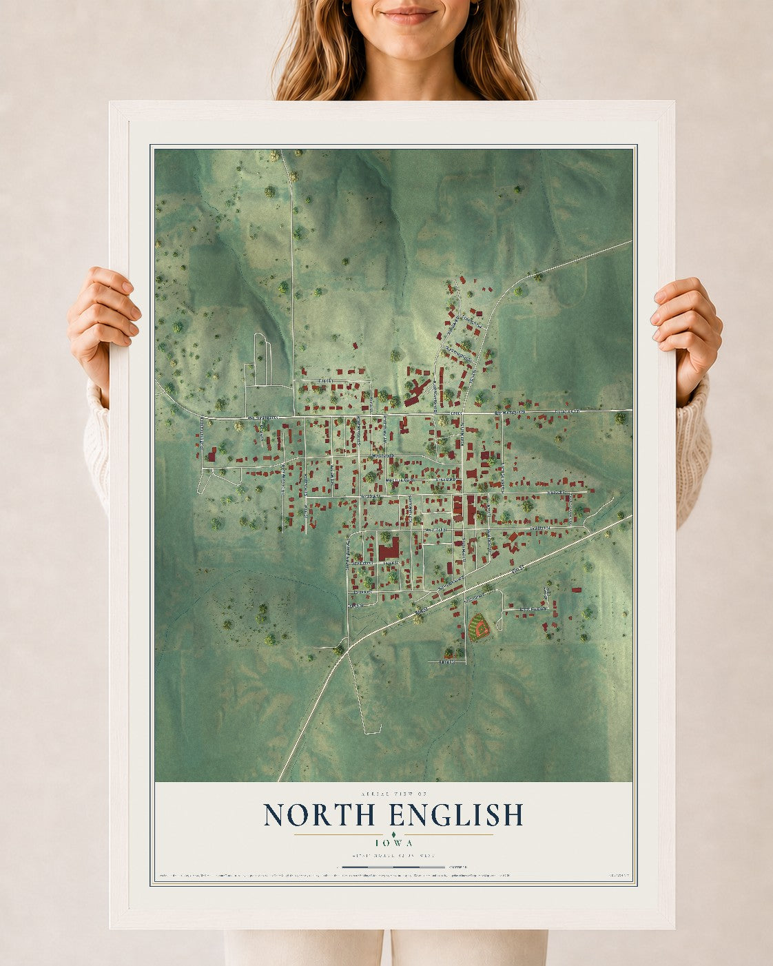 Map of North English, Iowa, 24 x 36 inch print in a white wood frame