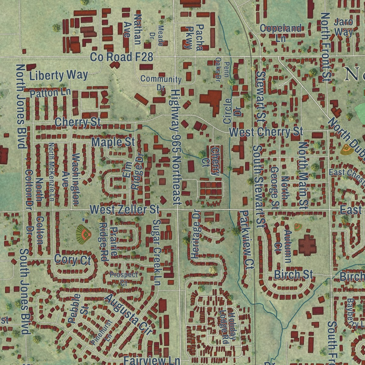 Close-up of the map of North Liberty, Iowa print showing street and building detail