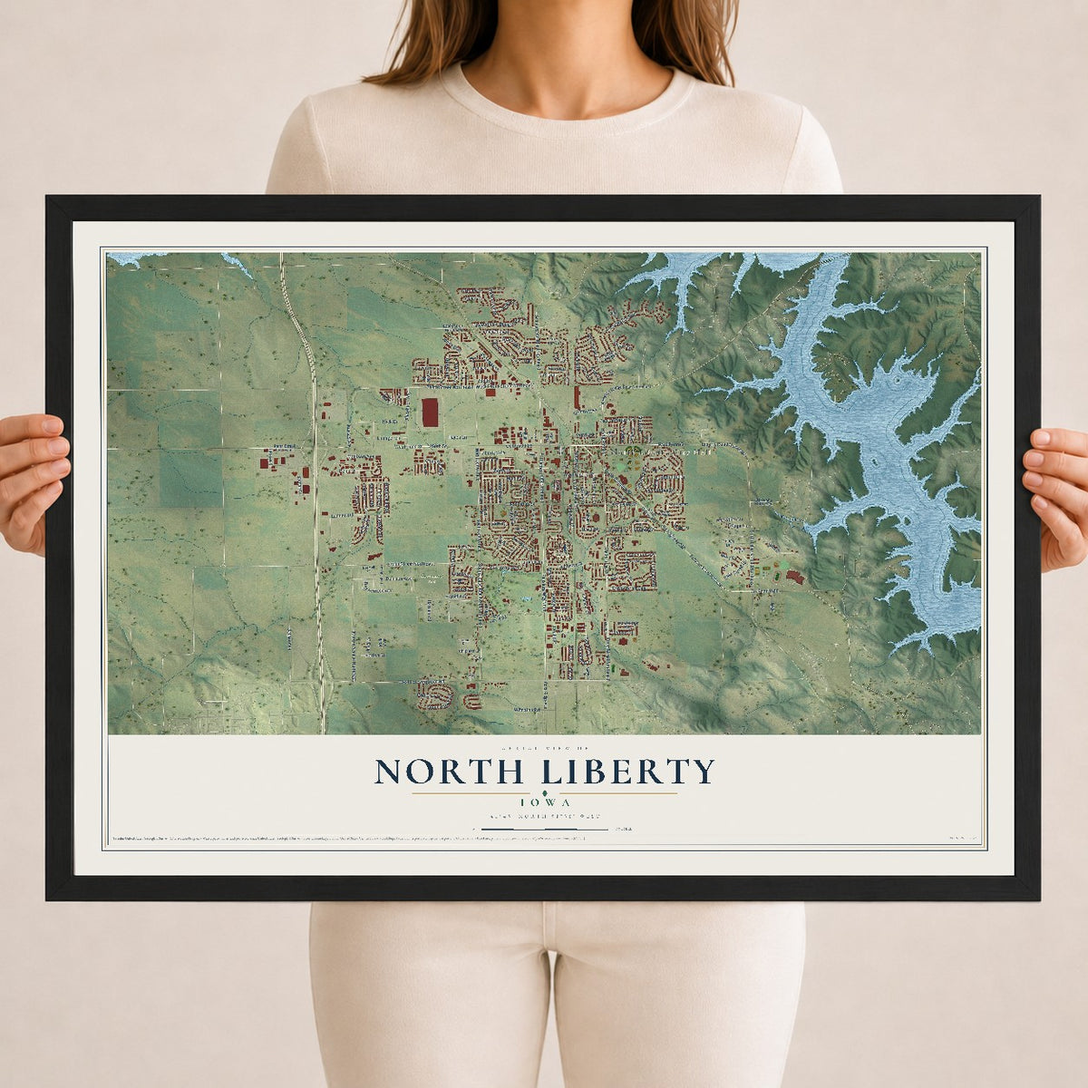 Map of North Liberty, Iowa, 18 x 24 inch print in a black wood frame