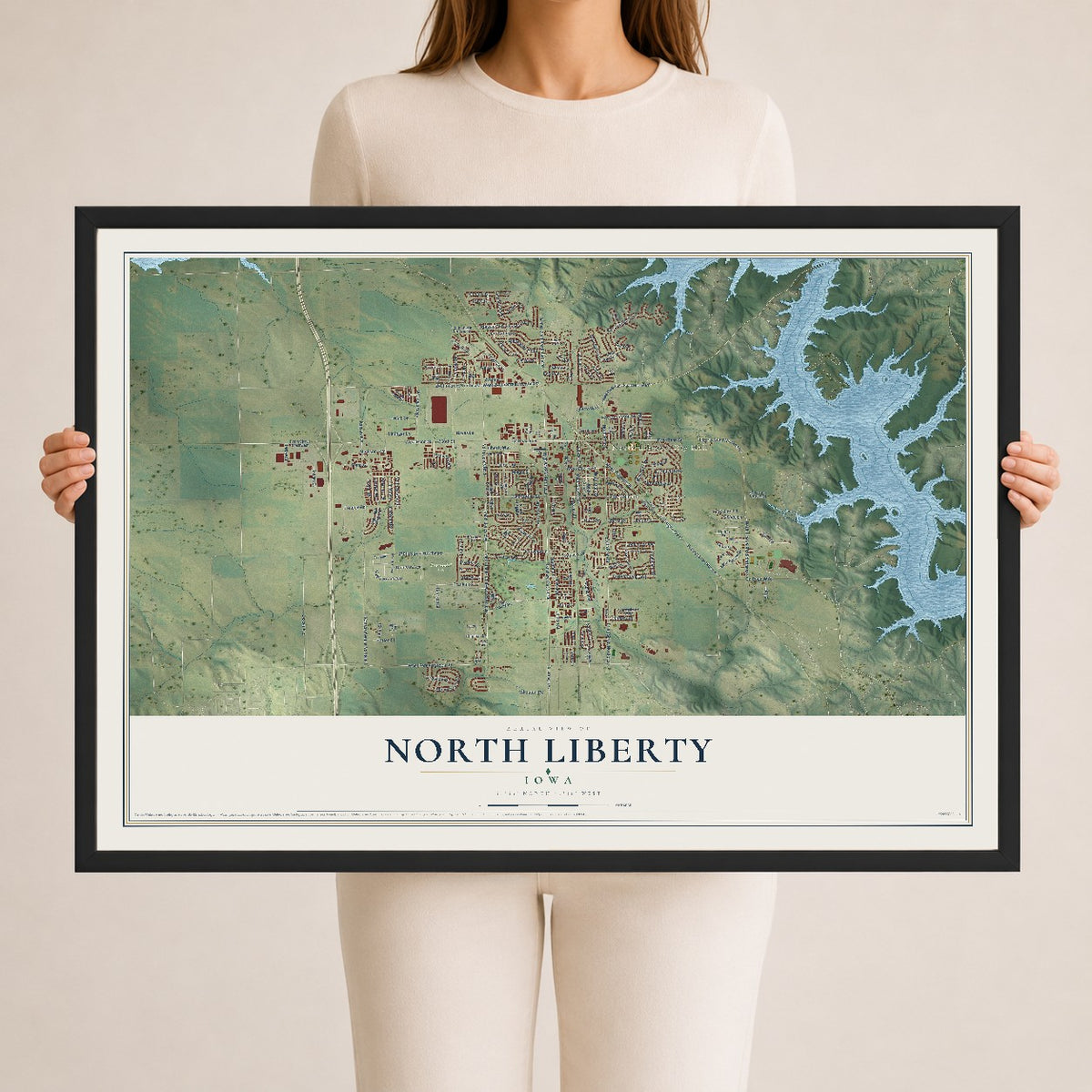 Map of North Liberty, Iowa, 24 x 36 inch print in a black wood frame