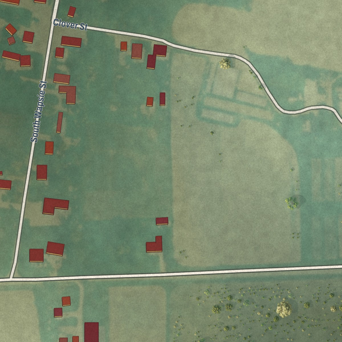 Close-up of the map of North Washington, Iowa print showing street and building detail