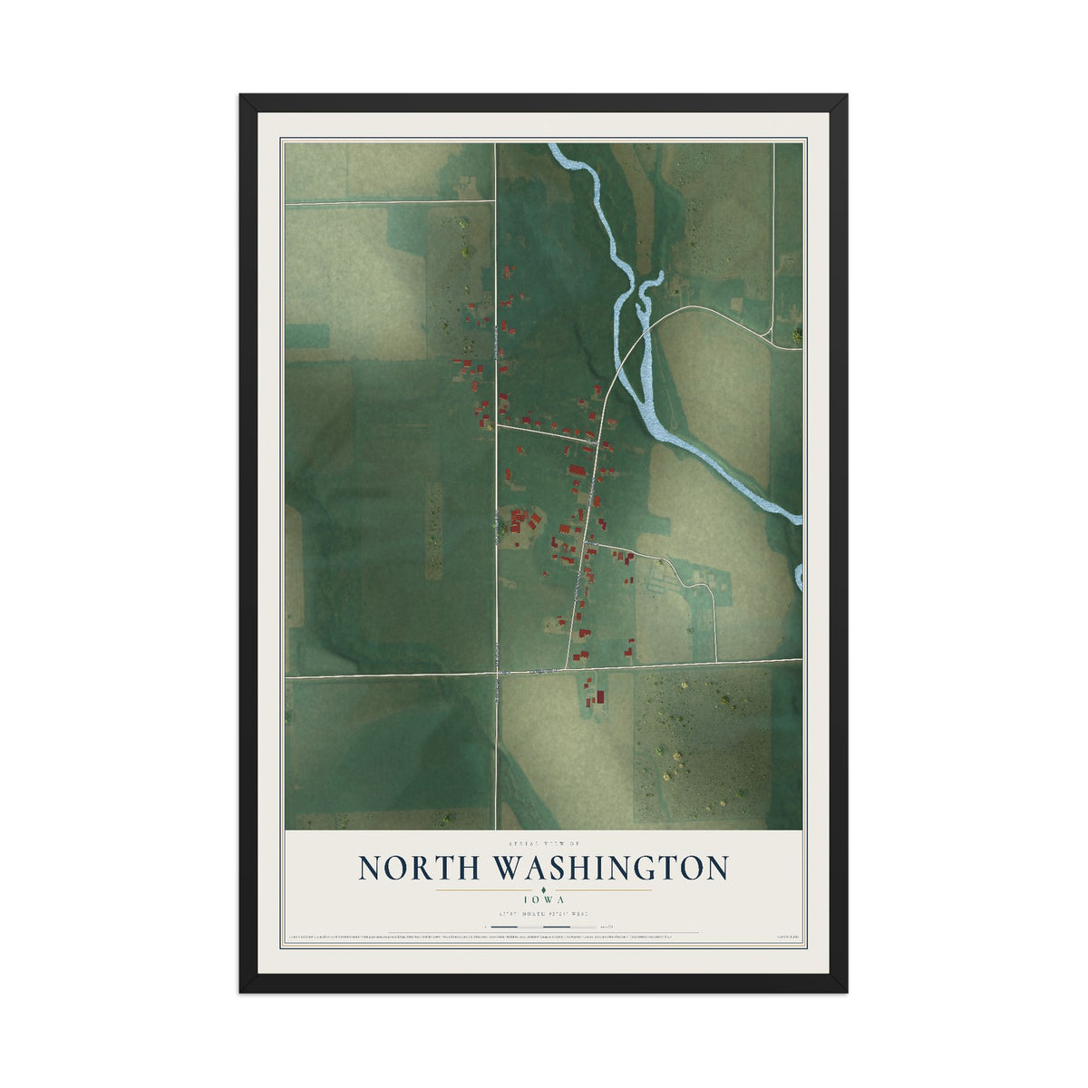 Map of North Washington, Iowa, 12 x 18 inch print in a black wood frame
