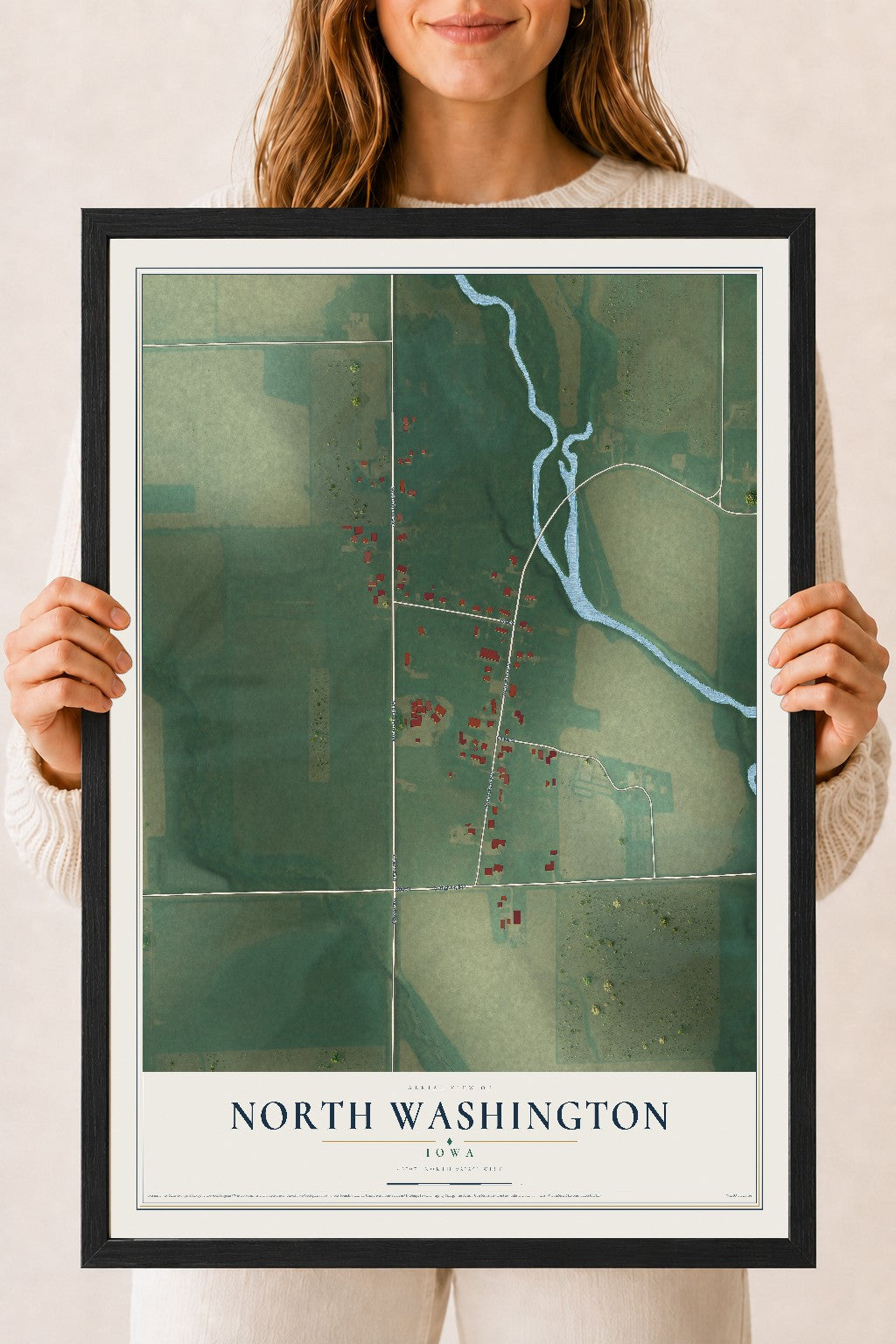 Map of North Washington, Iowa, 18 x 24 inch print in a black wood frame