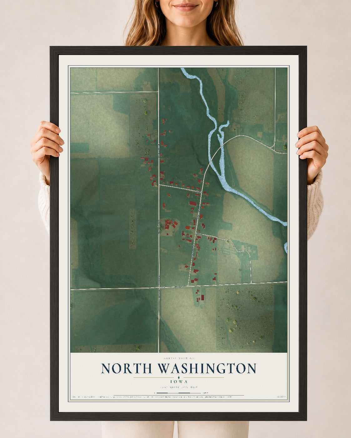 Map of North Washington, Iowa, 24 x 36 inch print in a black wood frame