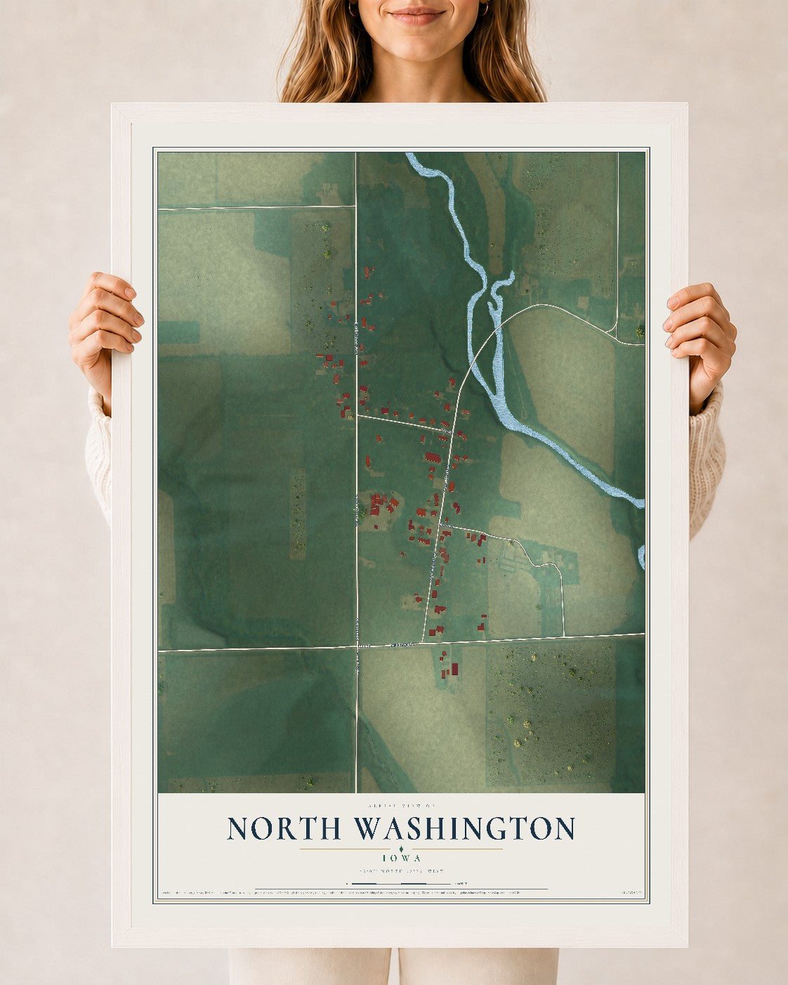 Map of North Washington, Iowa, 24 x 36 inch print in a white wood frame