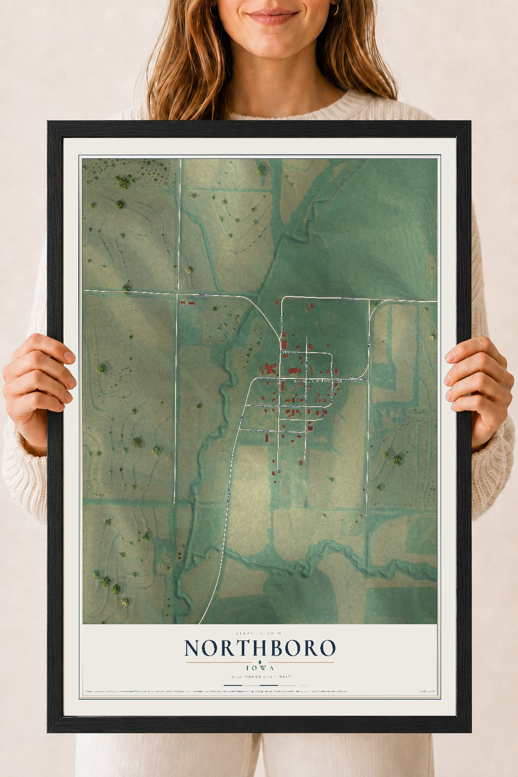 Map of Northboro, Iowa, 18 x 24 inch print in a black wood frame
