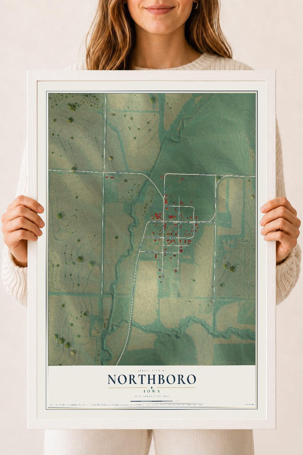 Map of Northboro, Iowa, 18 x 24 inch print in a white wood frame