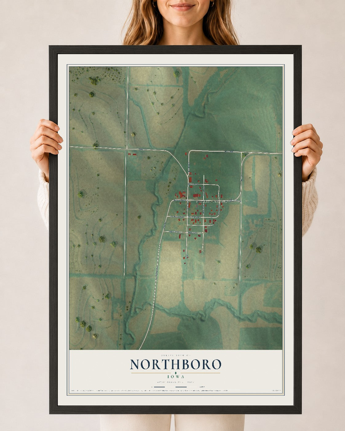 Map of Northboro, Iowa, 24 x 36 inch print in a black wood frame