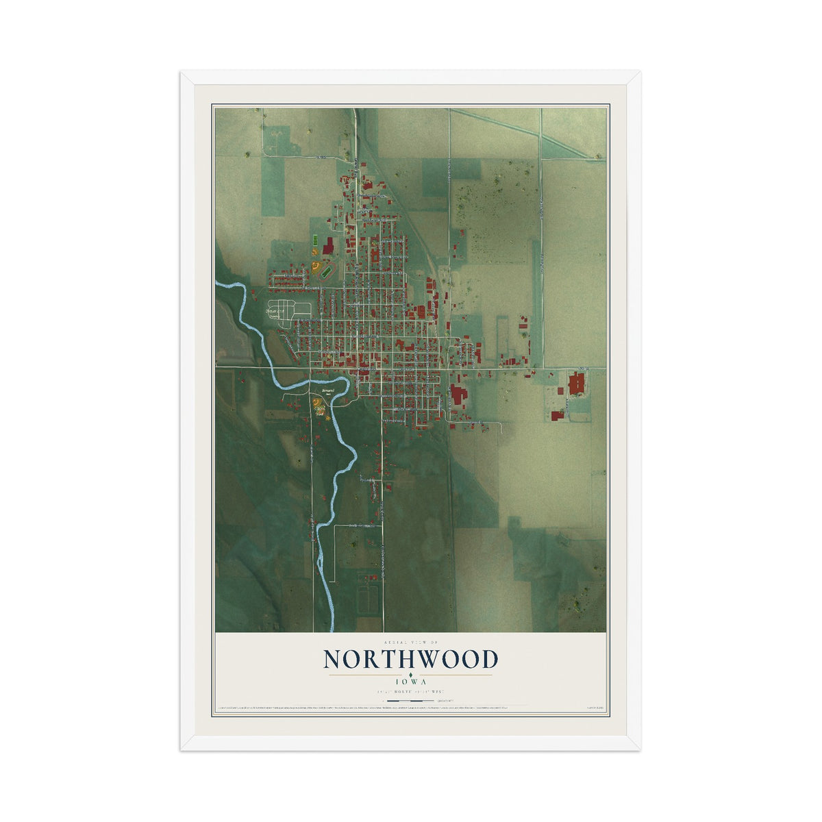 Map of Northwood, Iowa, 12 x 18 inch print in a white wood frame