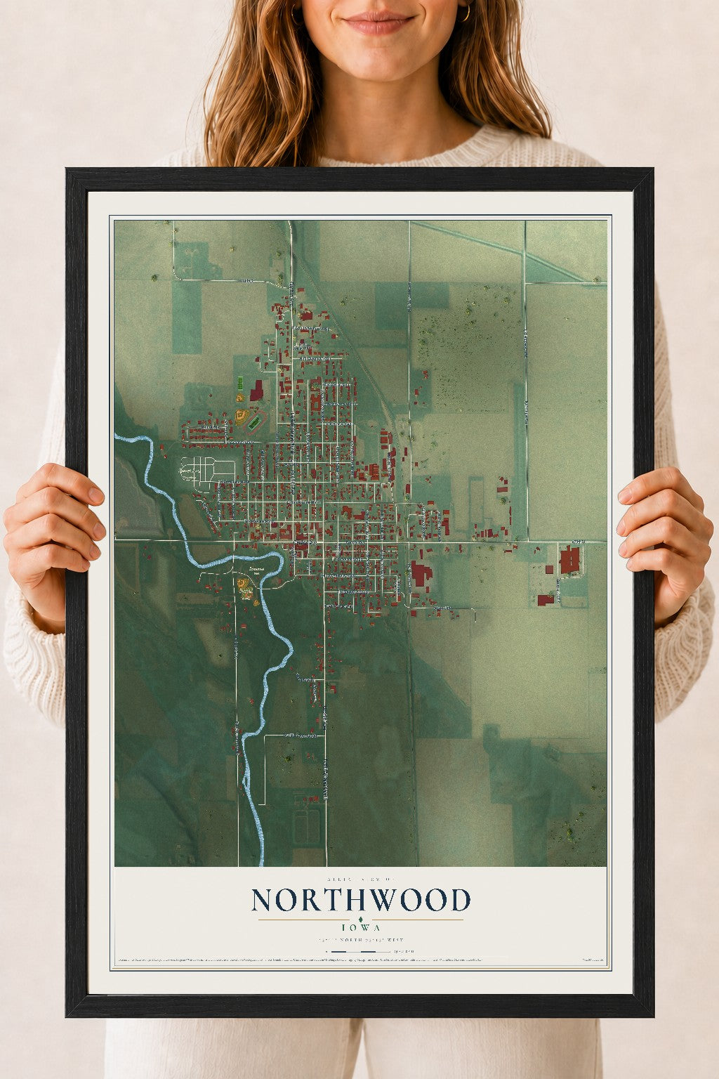 Map of Northwood, Iowa, 18 x 24 inch print in a black wood frame