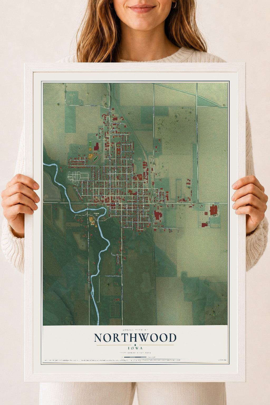 Map of Northwood, Iowa, 18 x 24 inch print in a white wood frame