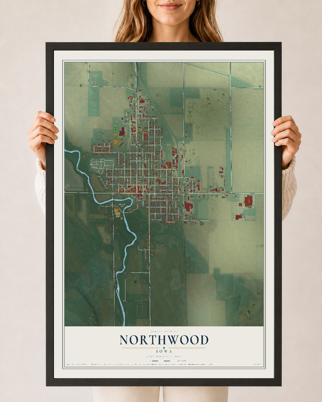 Map of Northwood, Iowa, 24 x 36 inch print in a black wood frame