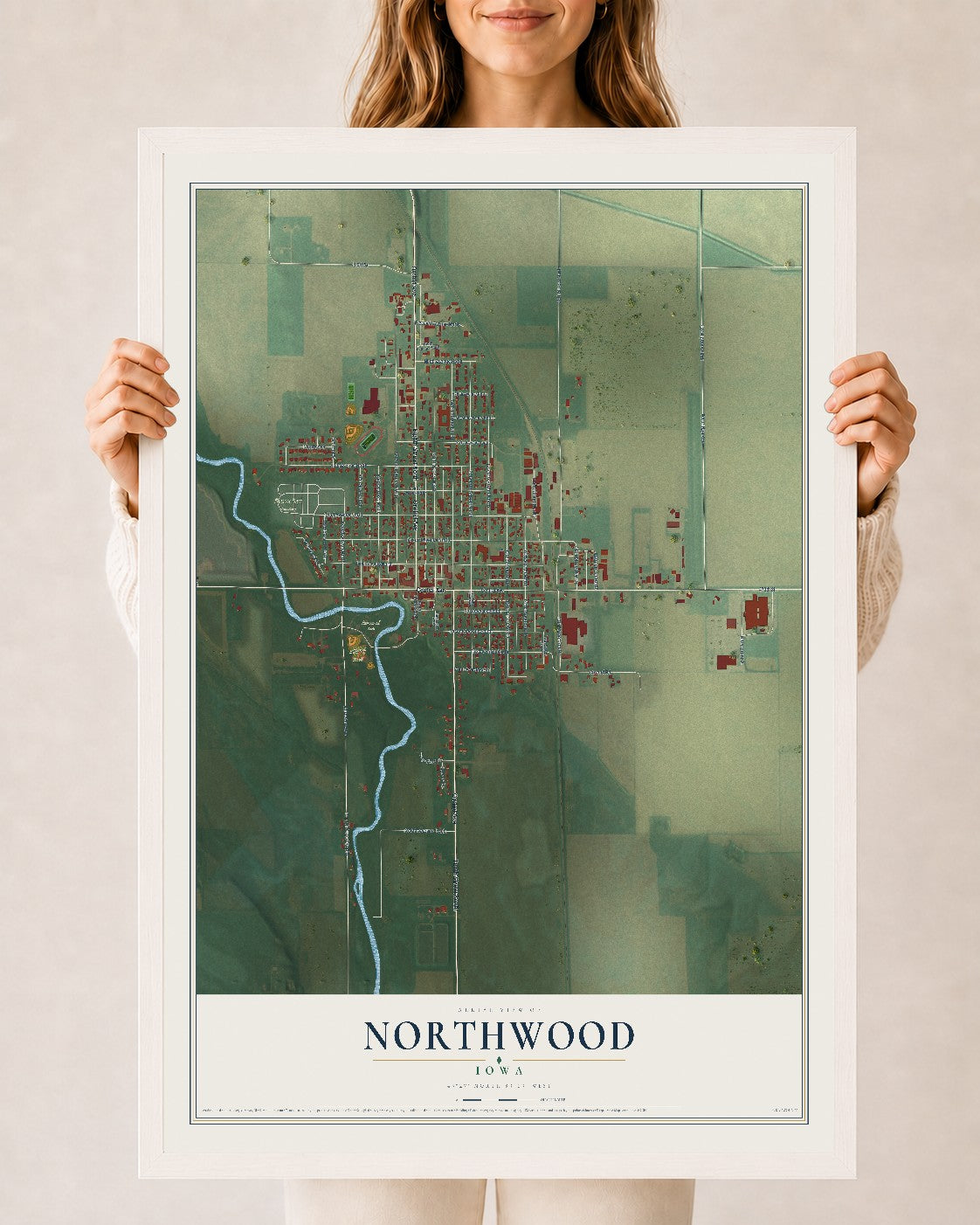 Map of Northwood, Iowa, 24 x 36 inch print in a white wood frame