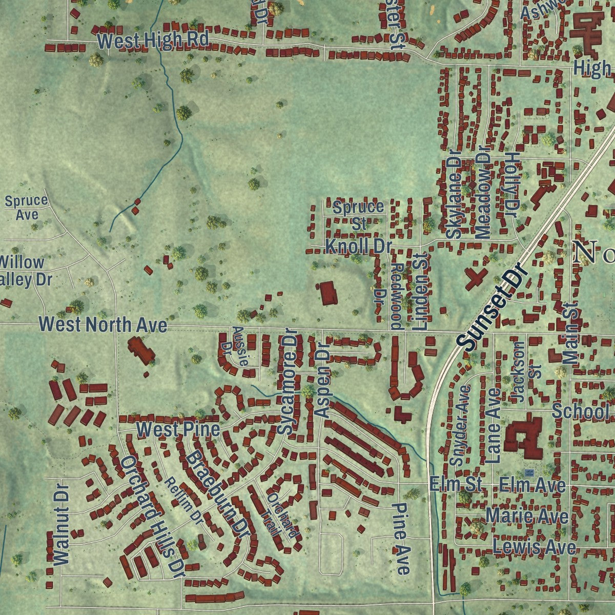 Close-up of the map of Norwalk, Iowa print showing street and building detail