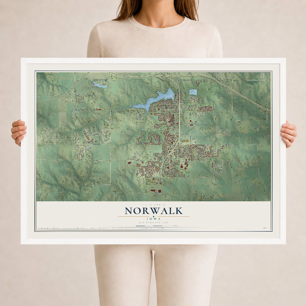 Map of Norwalk, Iowa, 24 x 36 inch print in a white wood frame