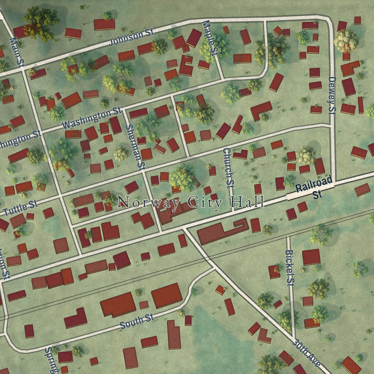 Close-up of the map of Norway, Iowa print showing street and building detail