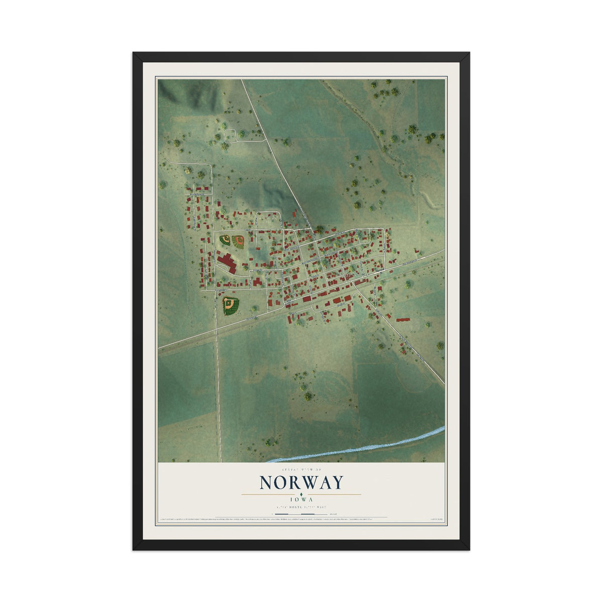Map of Norway, Iowa, 12 x 18 inch print in a black wood frame