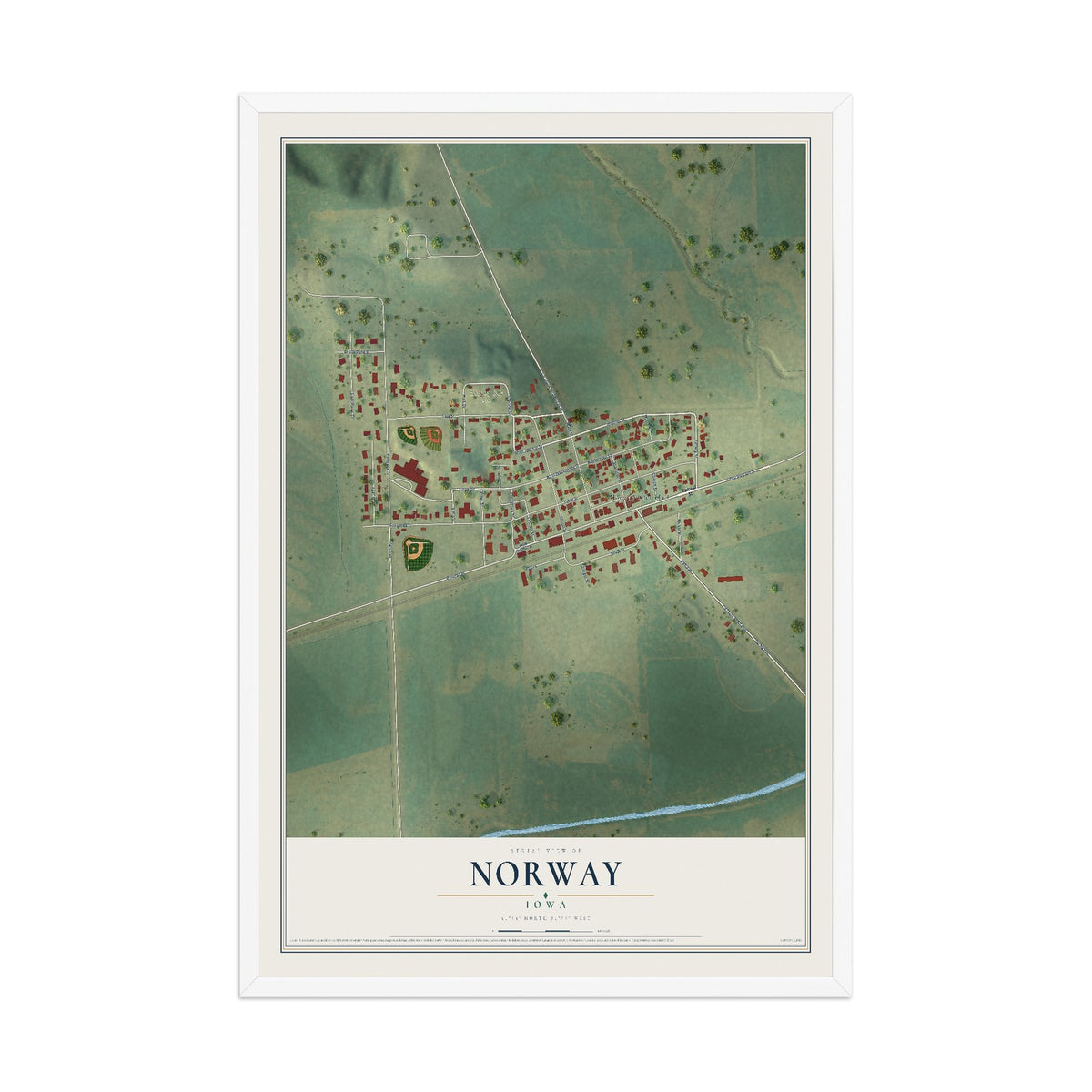 Map of Norway, Iowa, 12 x 18 inch print in a white wood frame