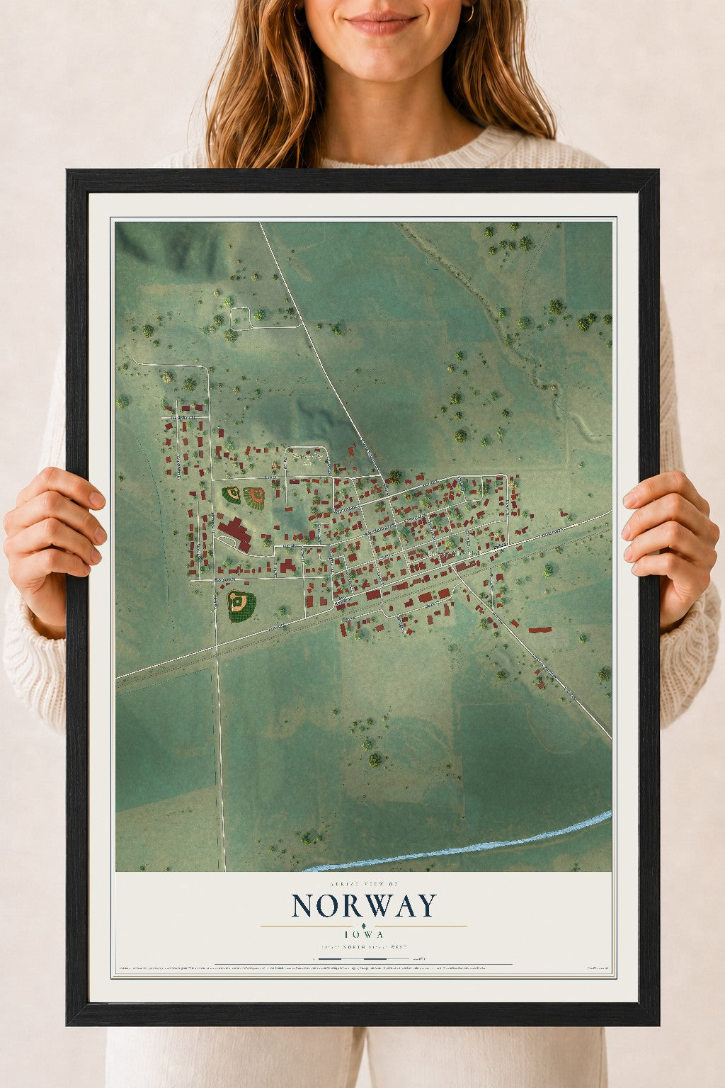 Map of Norway, Iowa, 18 x 24 inch print in a black wood frame