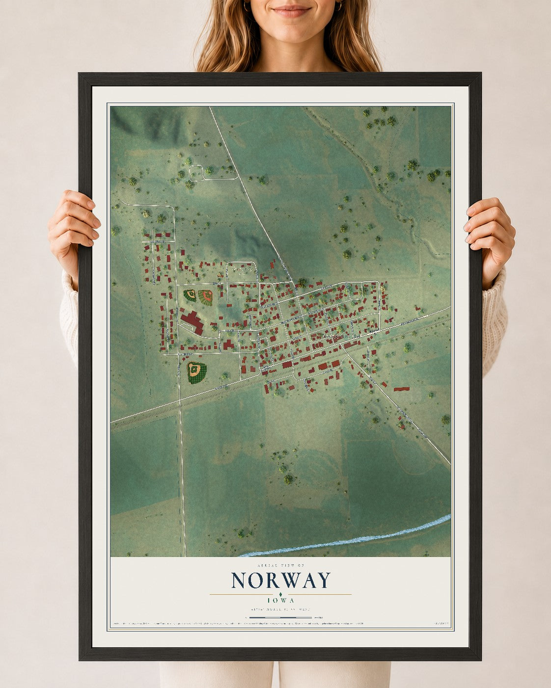 Map of Norway, Iowa, 24 x 36 inch print in a black wood frame