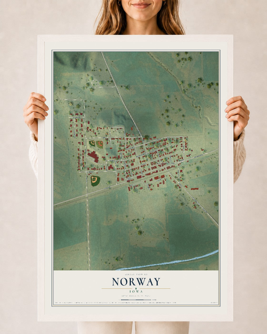 Map of Norway, Iowa, 24 x 36 inch print in a white wood frame