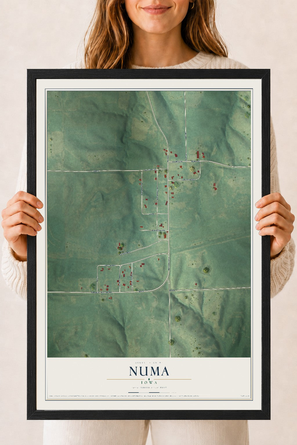 Map of Numa, Iowa, 18 x 24 inch print in a black wood frame