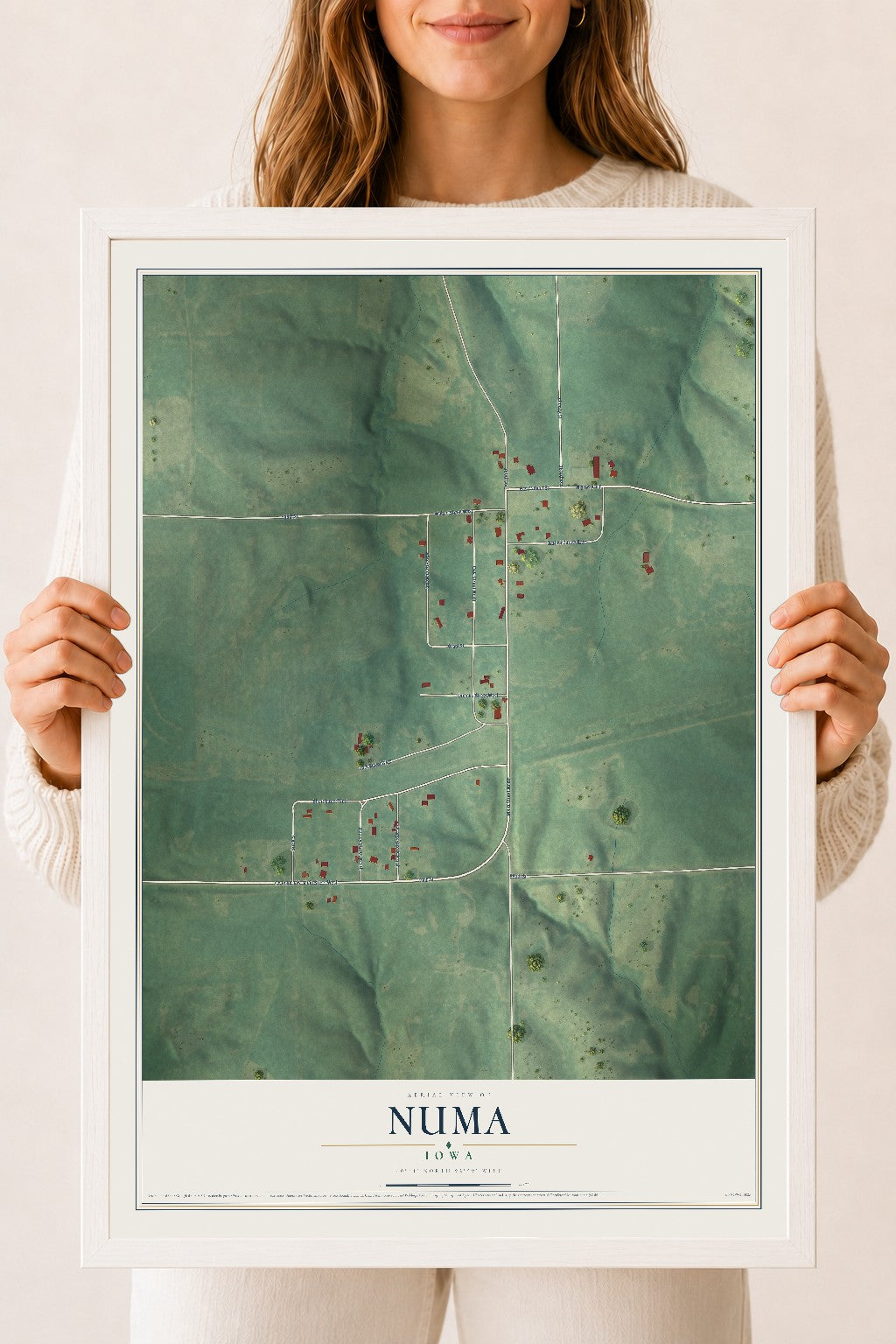 Map of Numa, Iowa, 18 x 24 inch print in a white wood frame