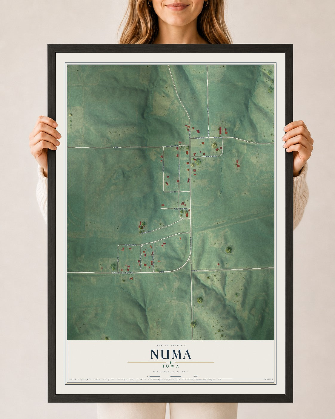 Map of Numa, Iowa, 24 x 36 inch print in a black wood frame