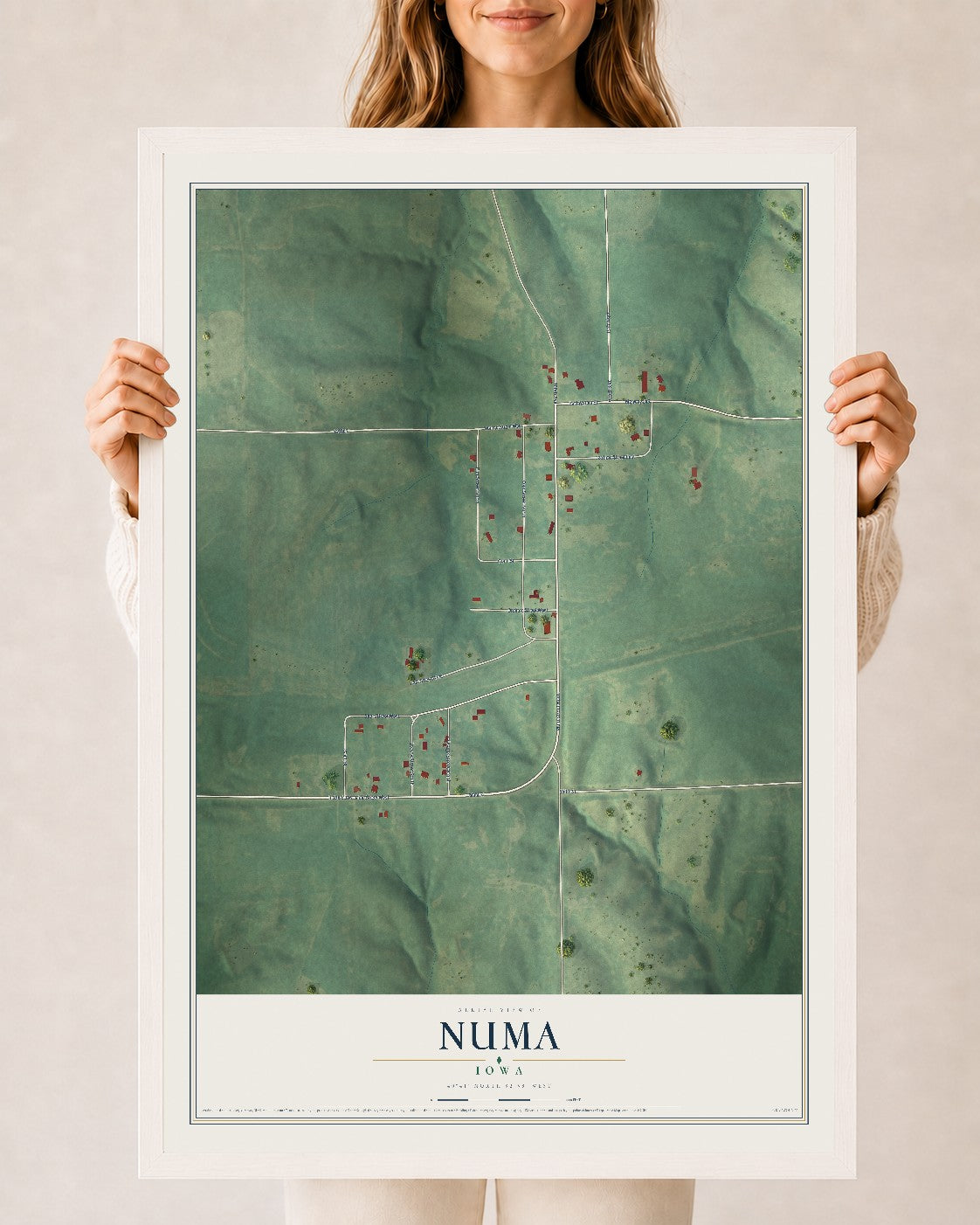 Map of Numa, Iowa, 24 x 36 inch print in a white wood frame