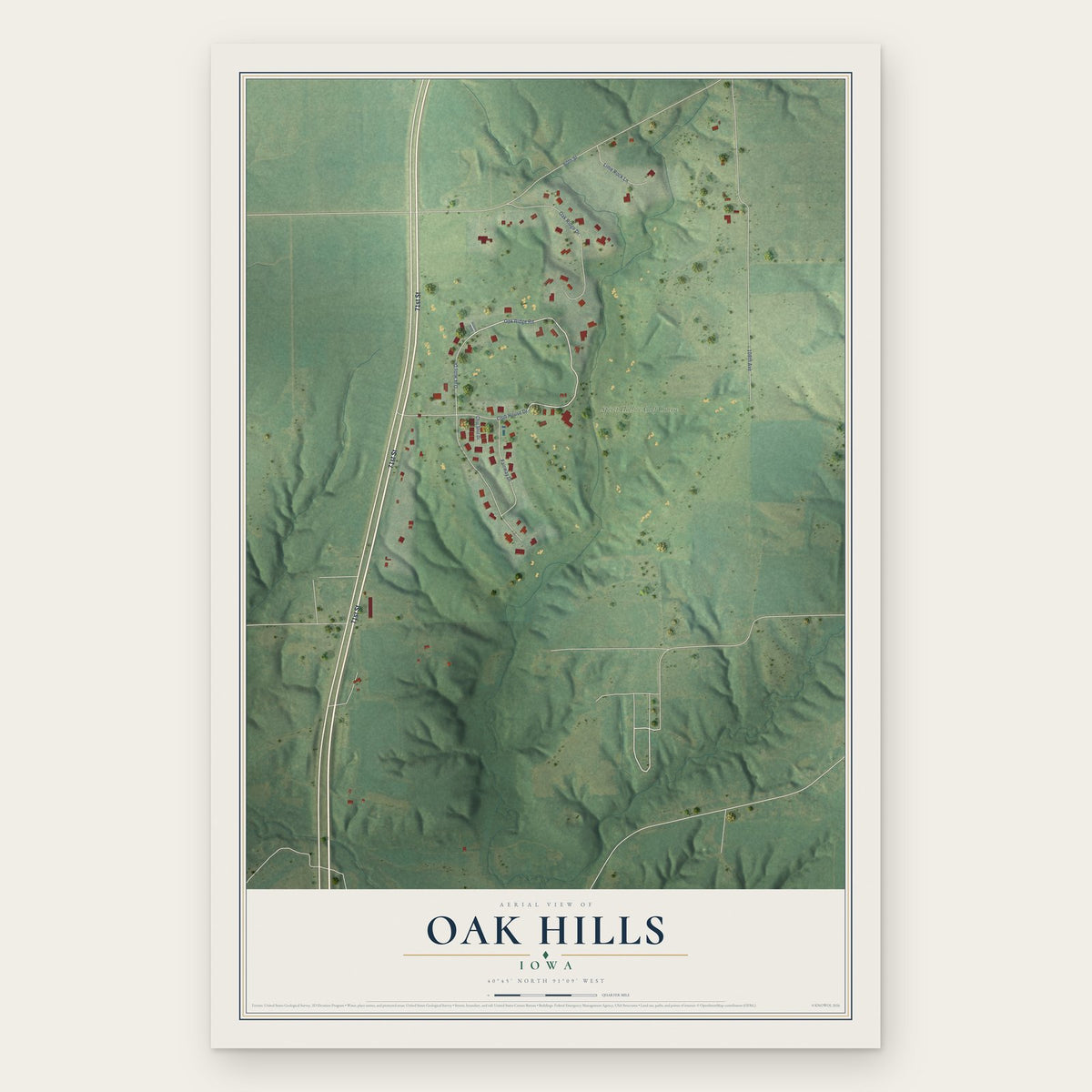Oak Hills, Iowa map print, the full design