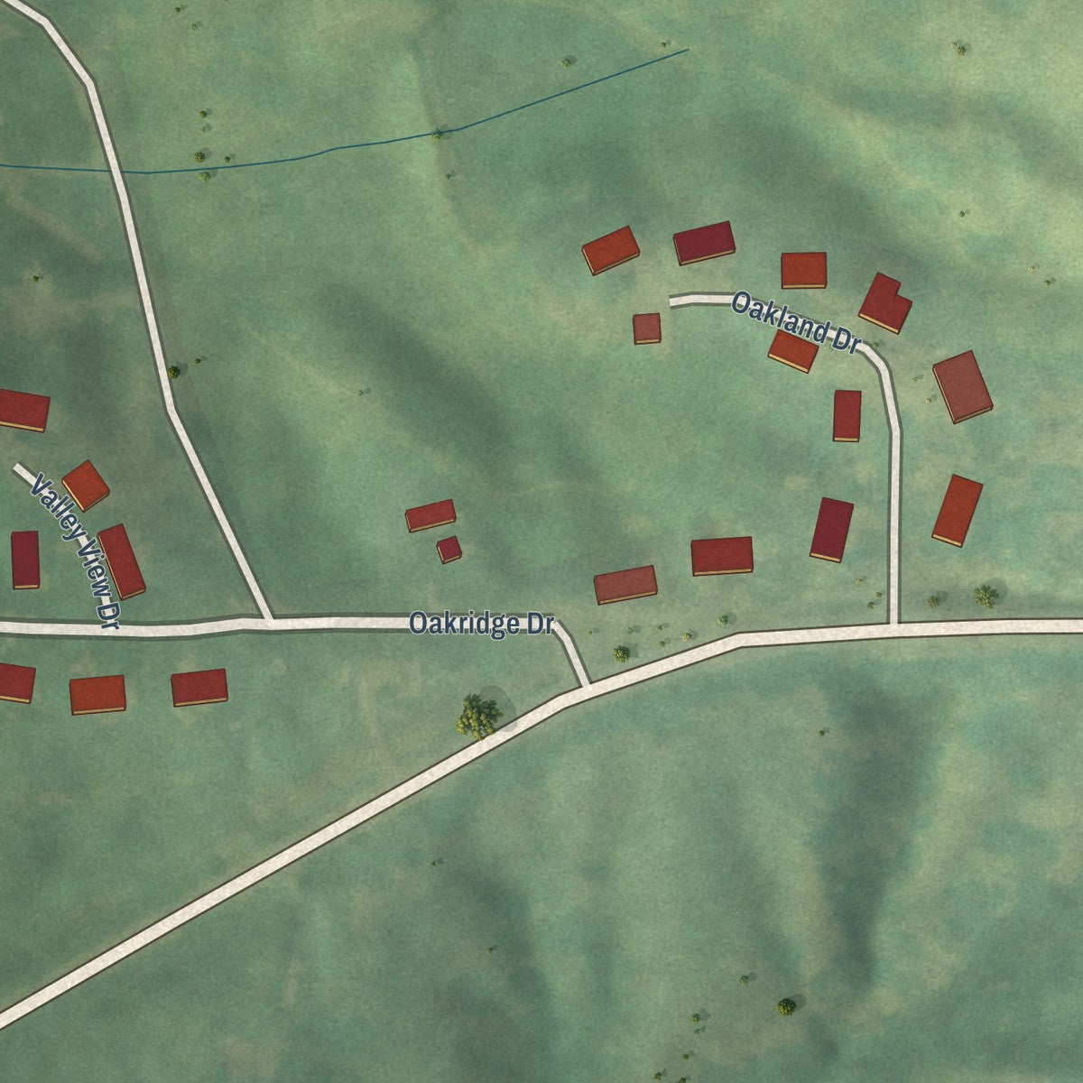 Close-up of the map of Oakland Acres, Iowa print showing street and building detail
