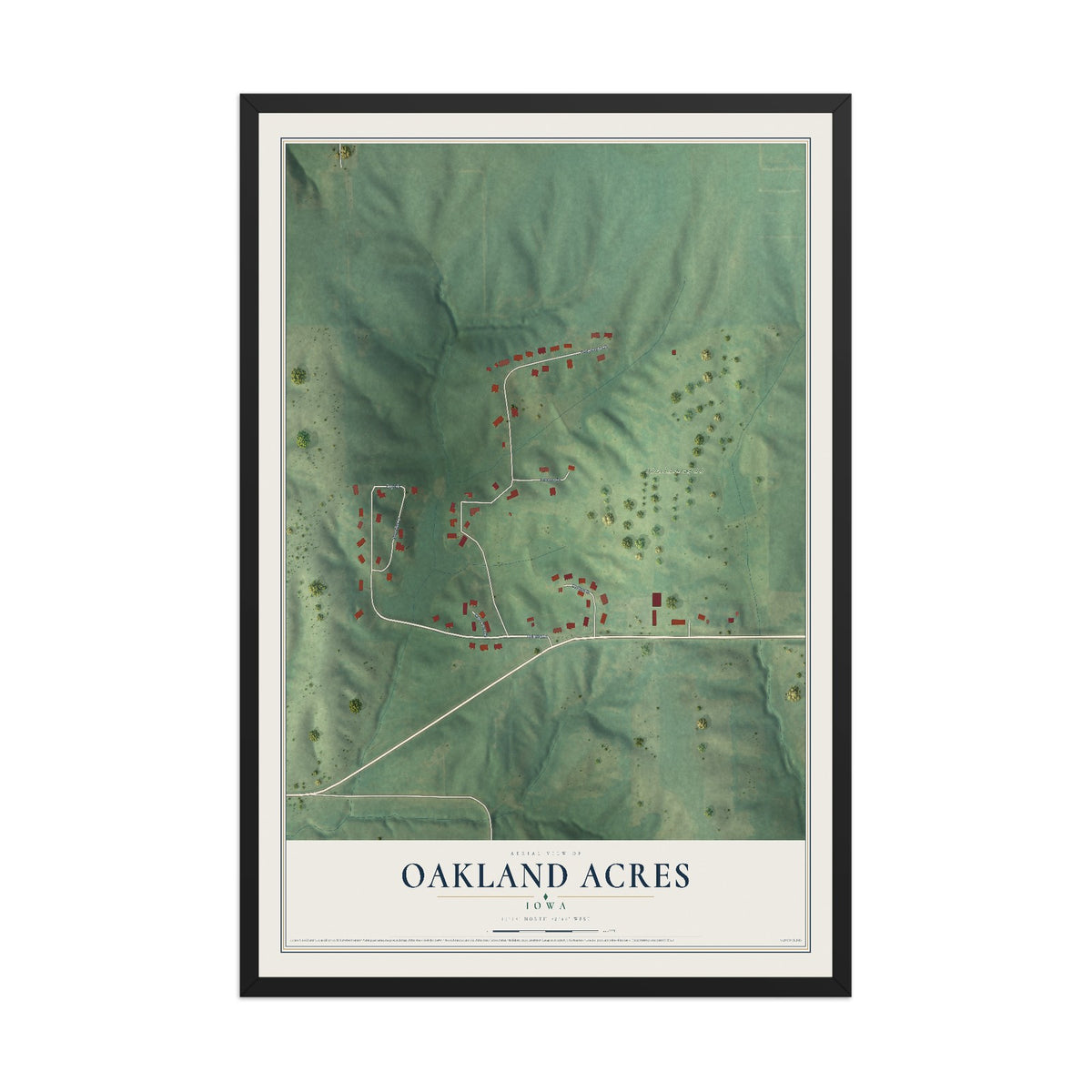 Map of Oakland Acres, Iowa, 12 x 18 inch print in a black wood frame