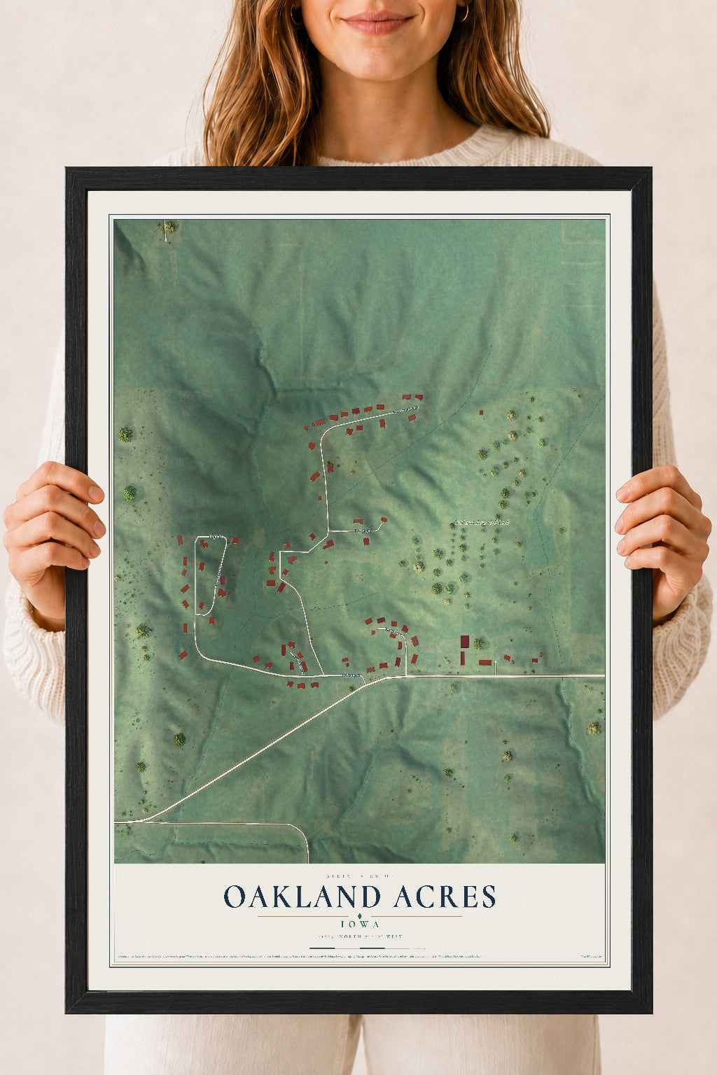 Map of Oakland Acres, Iowa, 18 x 24 inch print in a black wood frame