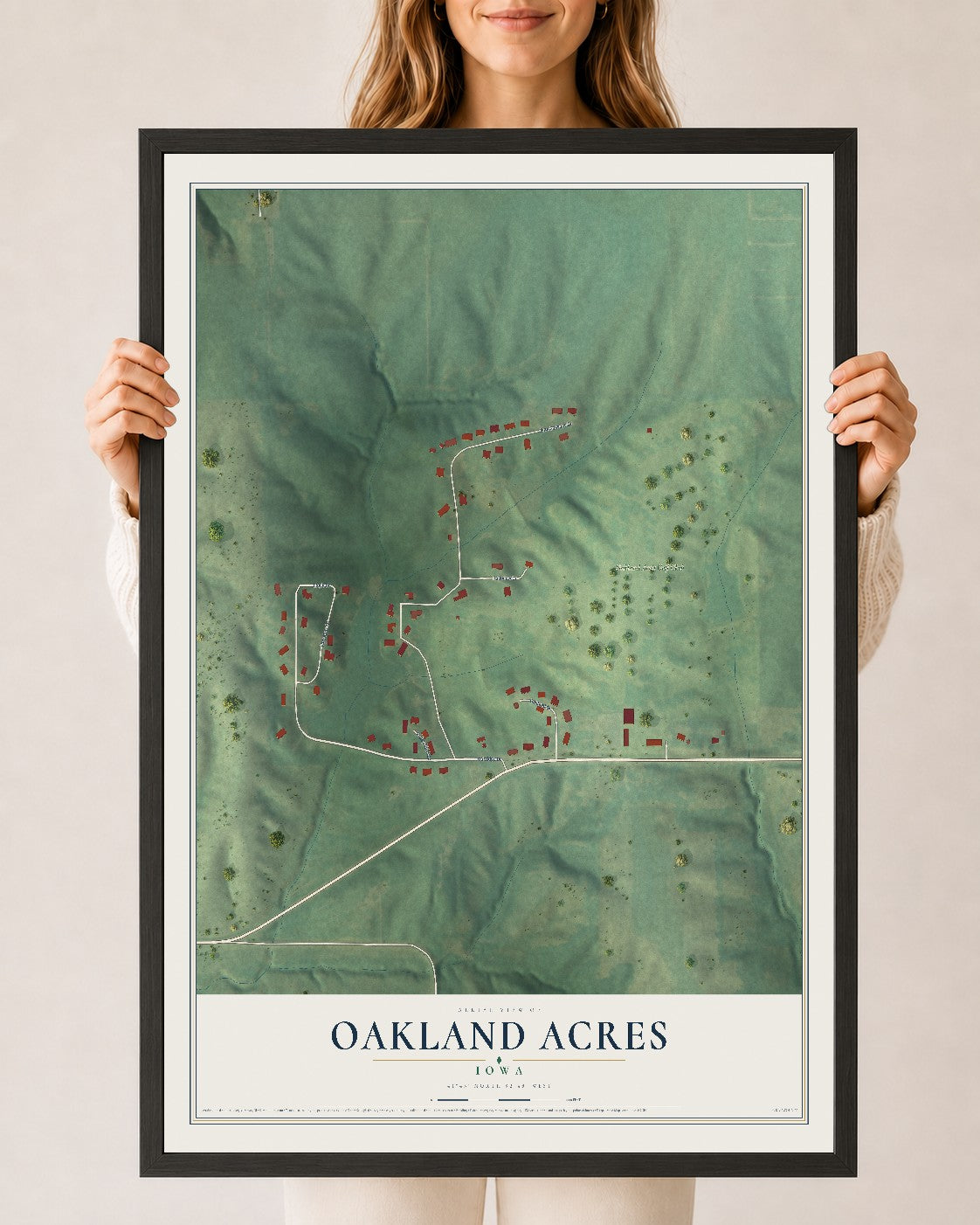 Map of Oakland Acres, Iowa, 24 x 36 inch print in a black wood frame