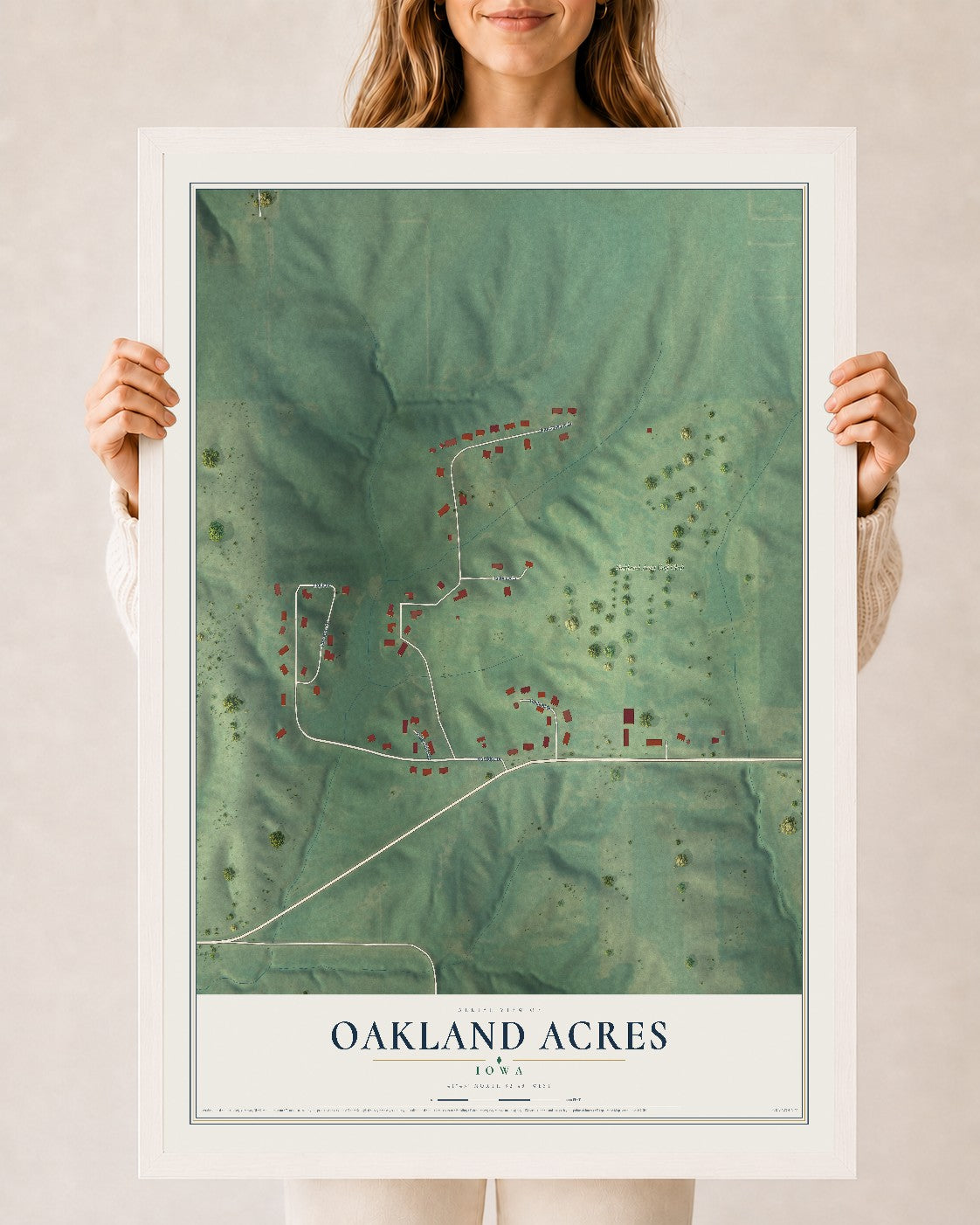 Map of Oakland Acres, Iowa, 24 x 36 inch print in a white wood frame