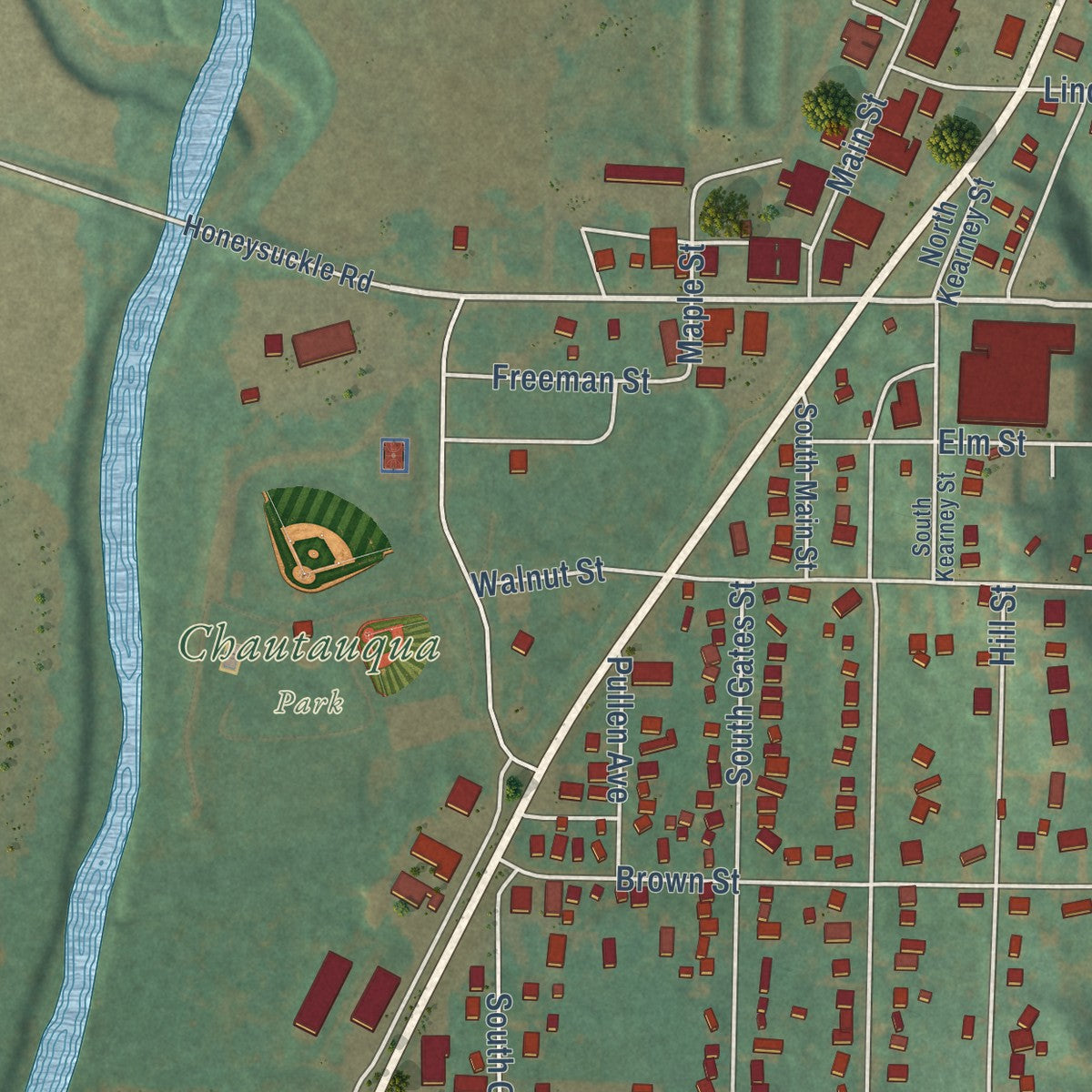 Close-up of the map of Oakland, Iowa print showing street and building detail