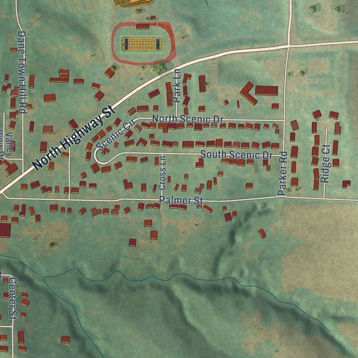 Second close-up of the map of Oakland, Iowa print showing more streets and buildings