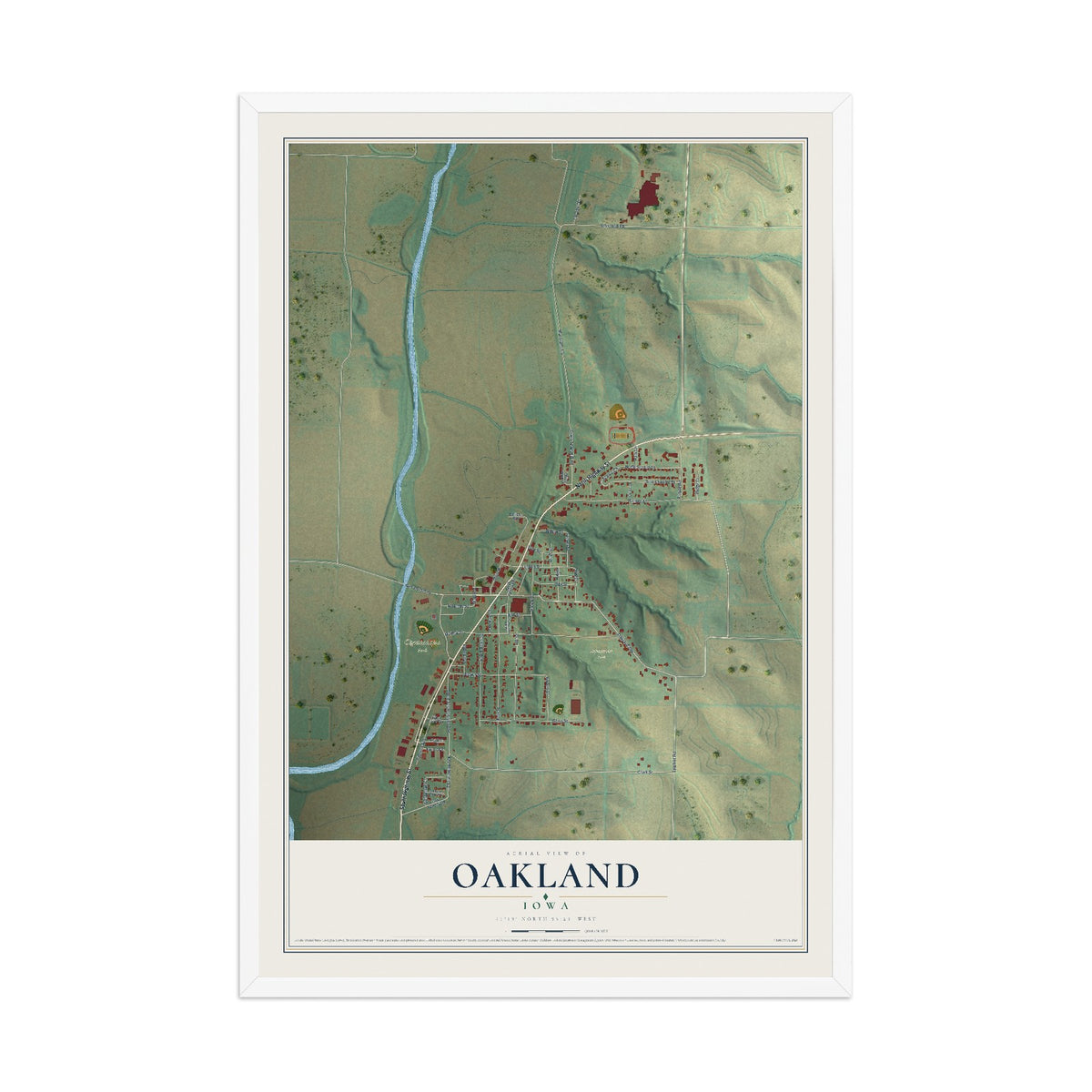 Map of Oakland, Iowa, 12 x 18 inch print in a white wood frame
