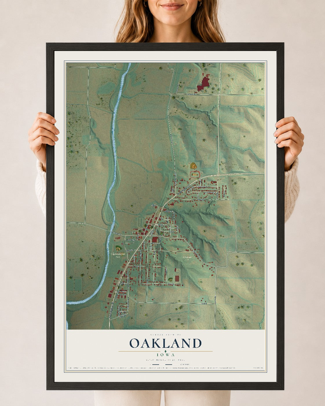 Map of Oakland, Iowa, 24 x 36 inch print in a black wood frame
