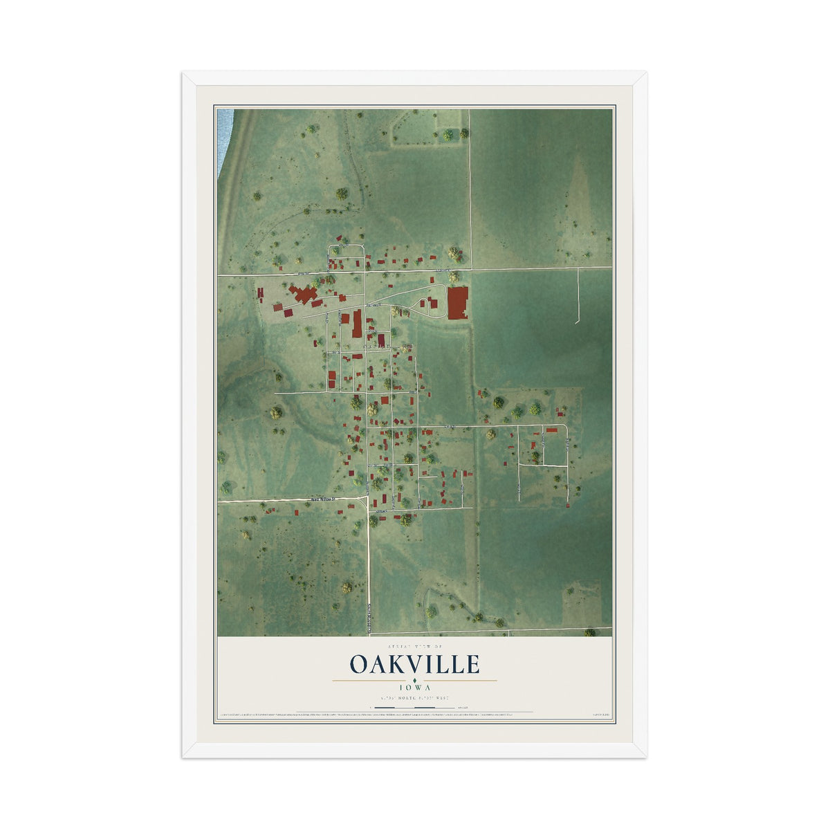 Map of Oakville, Iowa, 12 x 18 inch print in a white wood frame
