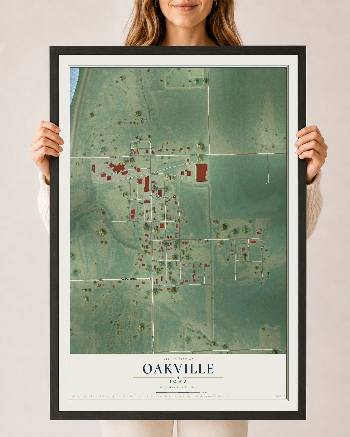 Map of Oakville, Iowa, 24 x 36 inch print in a black wood frame