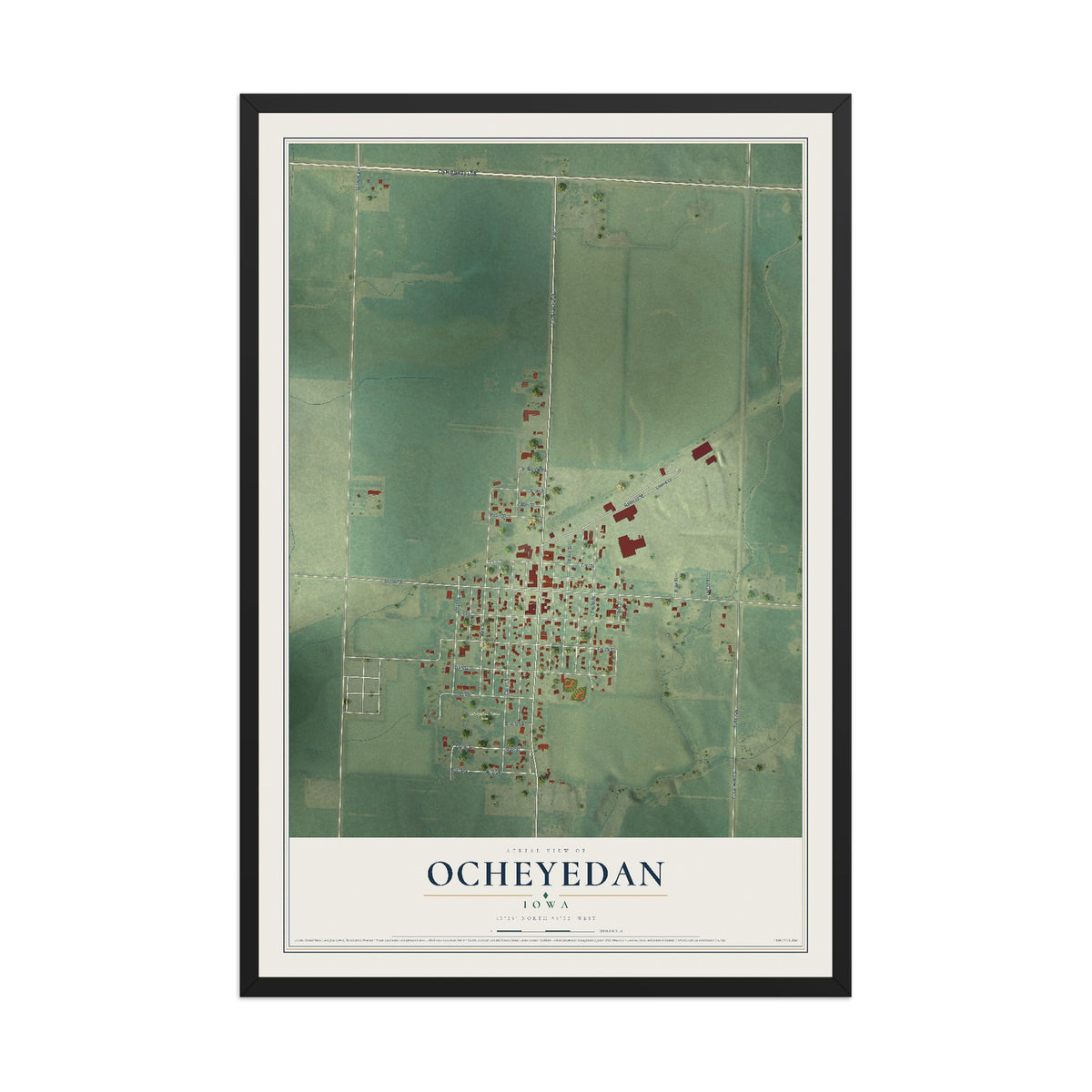 Map of Ocheyedan, Iowa, 12 x 18 inch print in a black wood frame