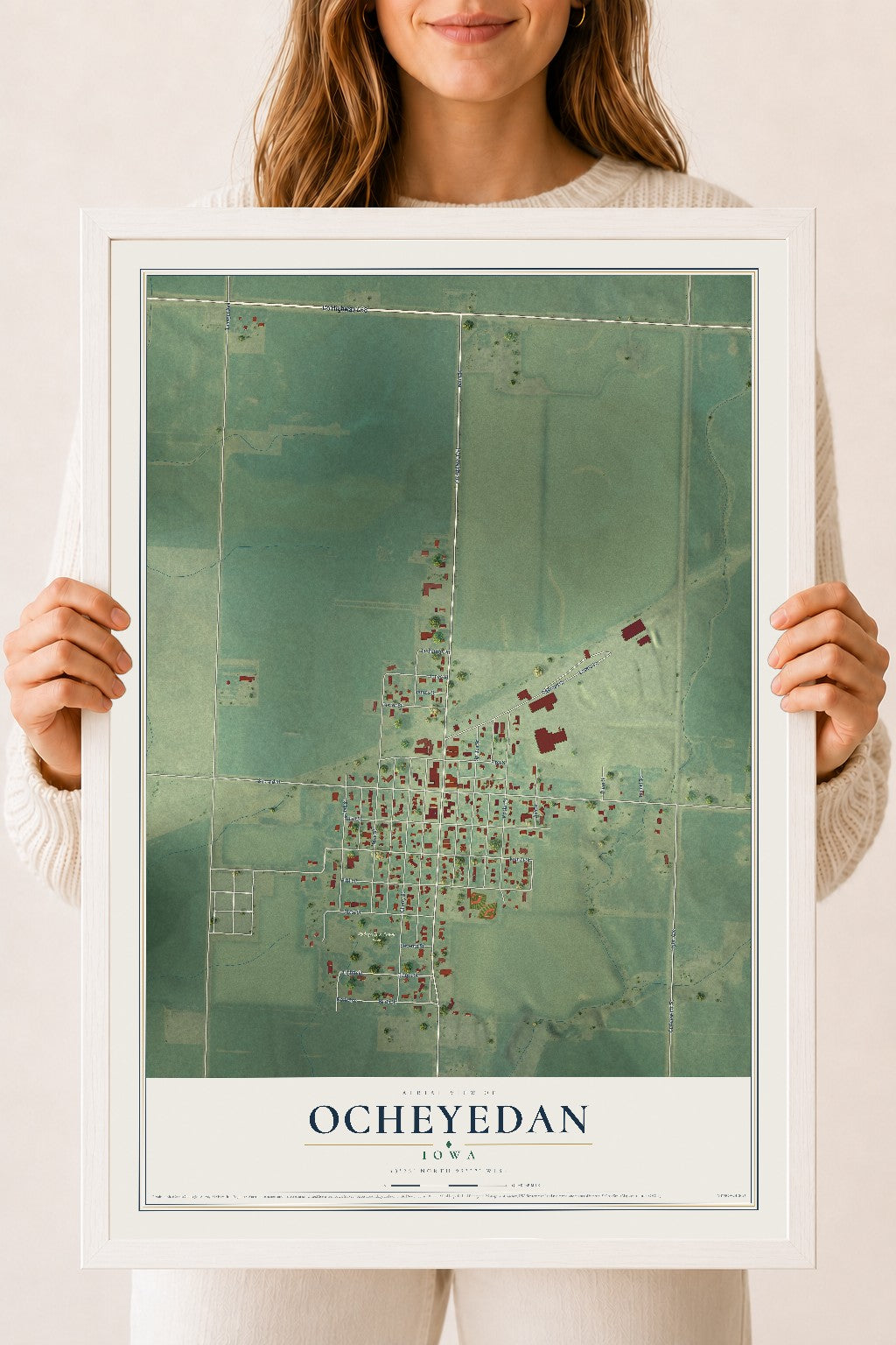 Map of Ocheyedan, Iowa, 18 x 24 inch print in a white wood frame