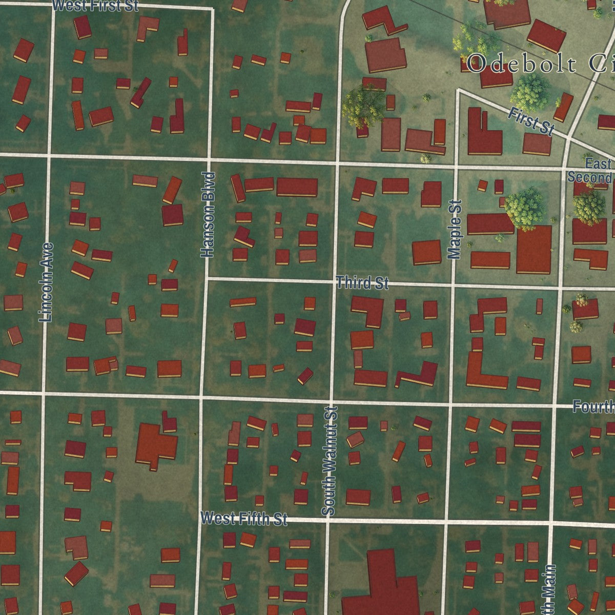 Close-up of the map of Odebolt, Iowa print showing street and building detail