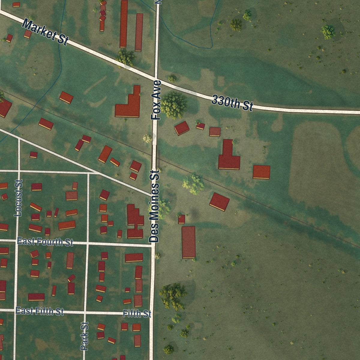 Second close-up of the map of Odebolt, Iowa print showing more streets and buildings