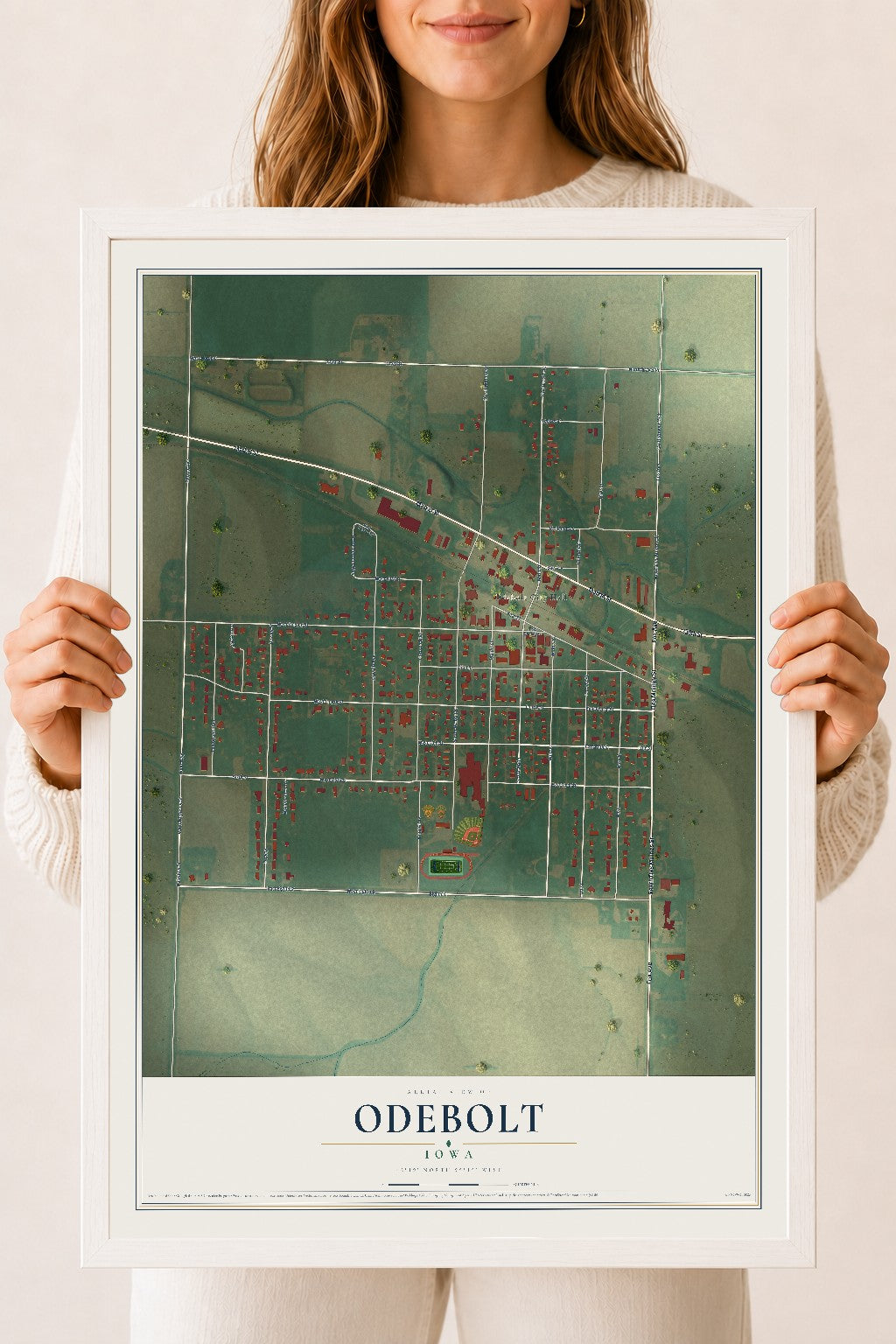 Map of Odebolt, Iowa, 18 x 24 inch print in a white wood frame