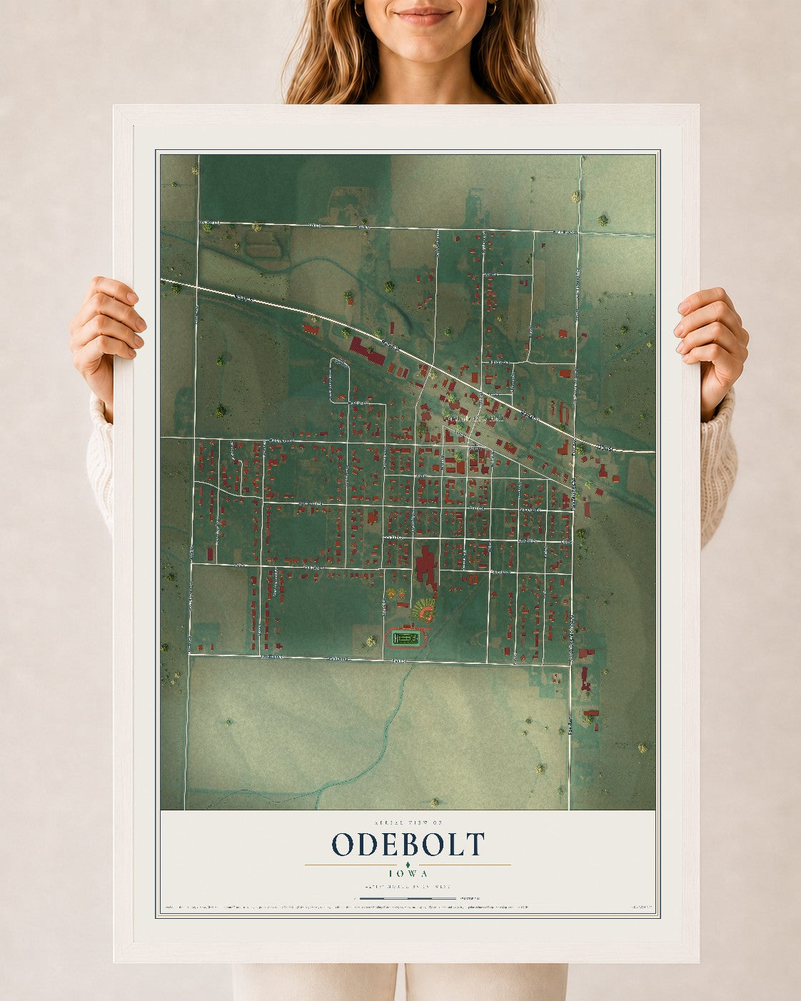 Map of Odebolt, Iowa, 24 x 36 inch print in a white wood frame
