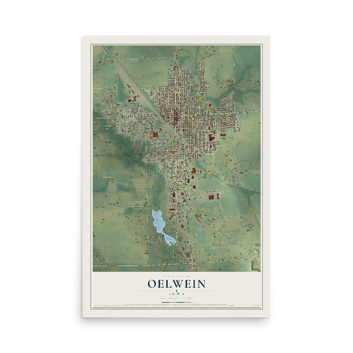 Map of Oelwein, Iowa, 12 x 18 inch unframed archival matte print